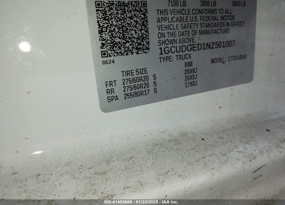 2022 CHEVROLET SILVERADO VIN: 1GCUDGED1NZ501007