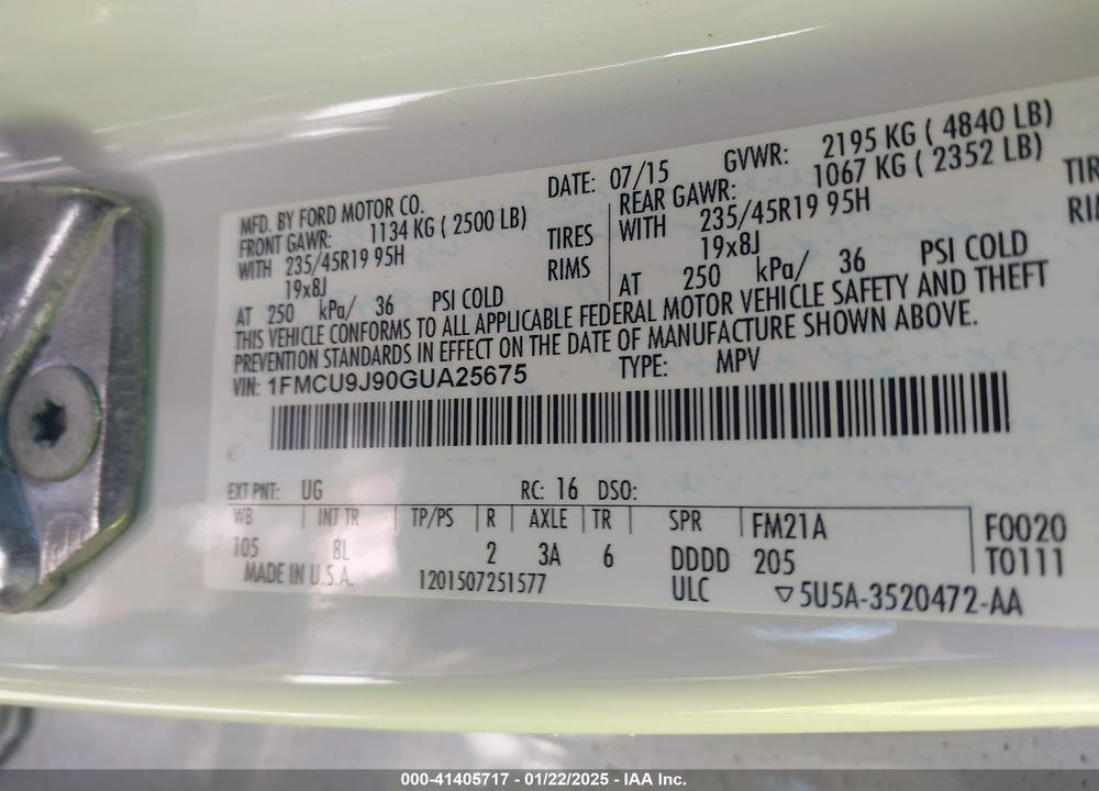 2016 FORD ESCAPE TITANIUM VIN: 1FMCU9J90GUA25675