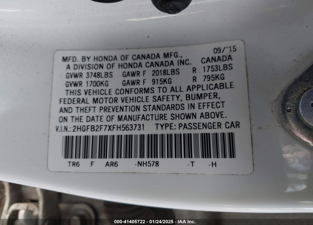 2015 HONDA CIVIC VIN: 2HGFB2F7XFH563731