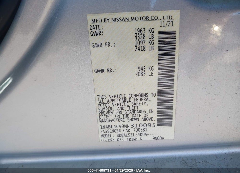 2022 NISSAN ALTIMA VIN: 1N4BL4CV9NN310095