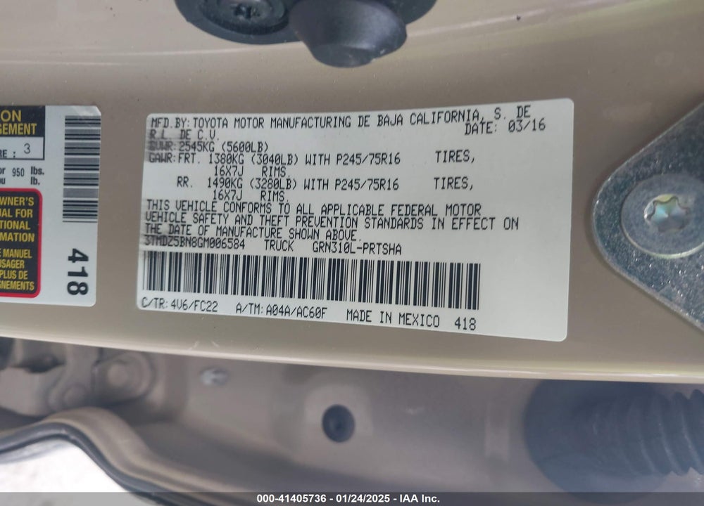 2016 TOYOTA TACOMA VIN: 3TMDZ5BN8GM006584
