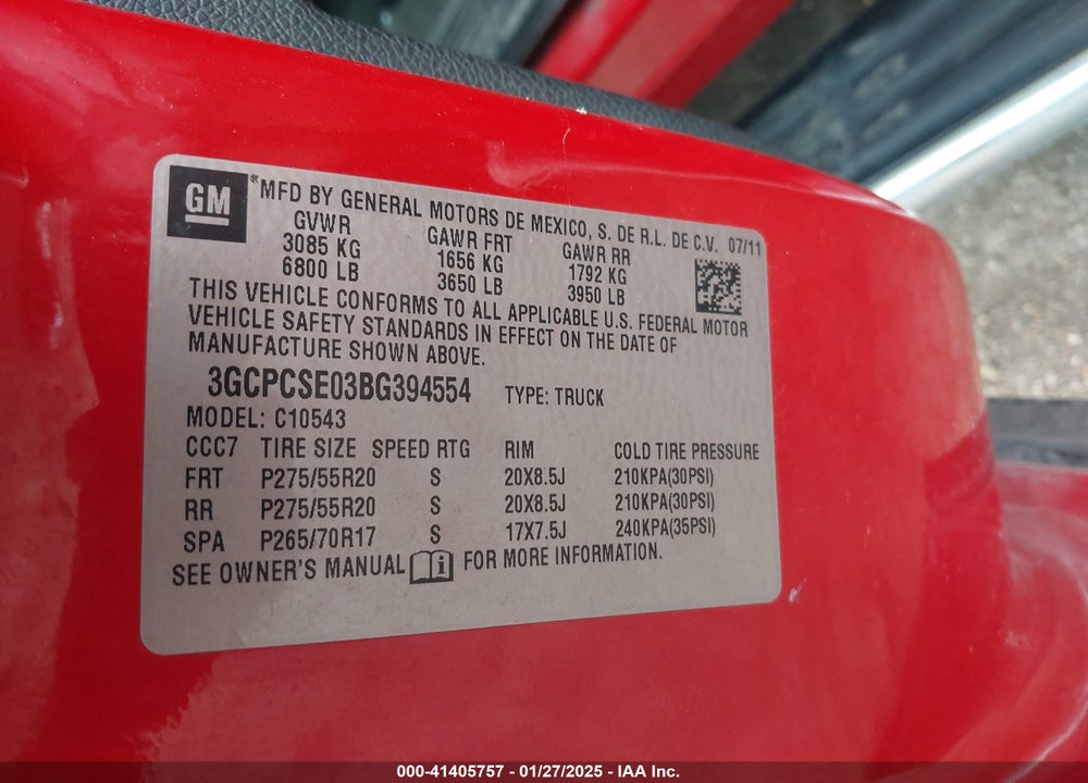 2011 CHEVROLET SILVERADO 1500 VIN: 3GCPCSE03BG394554