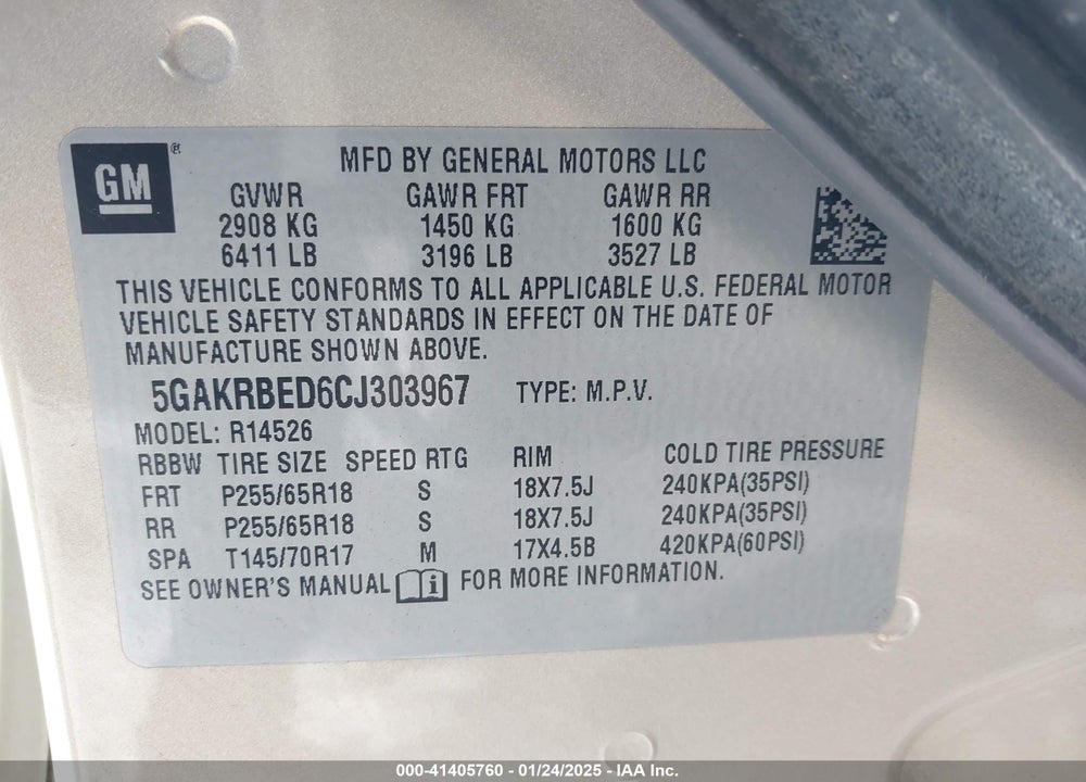 2012 BUICK ENCLAVE CONVENIENCE VIN: 5GAKRBED6CJ303967