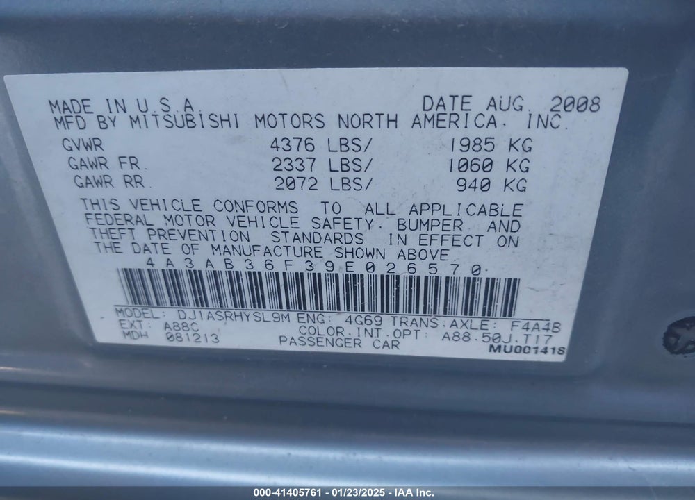 2009 MITSUBISHI GALANT VIN: 4A3AB36F39E026570