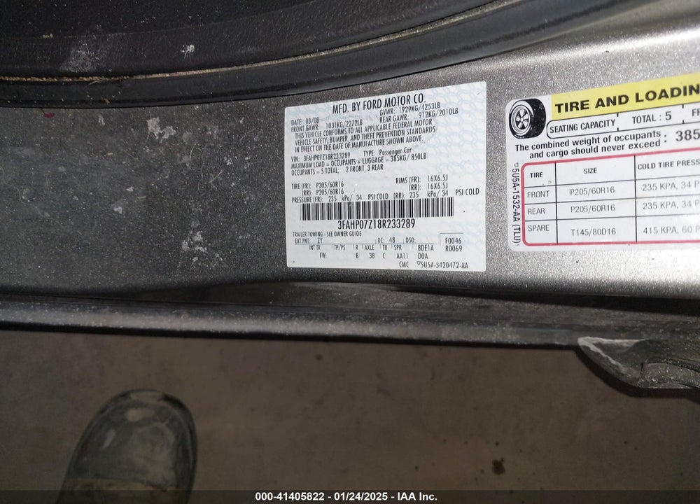 2008 FORD FUSION SE VIN: 3FAHP07Z18R233289