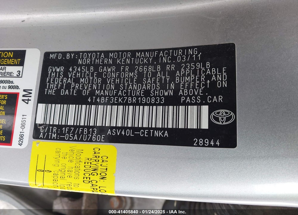 2011 TOYOTA CAMRY VIN: 4T4BF3EK7BR190833
