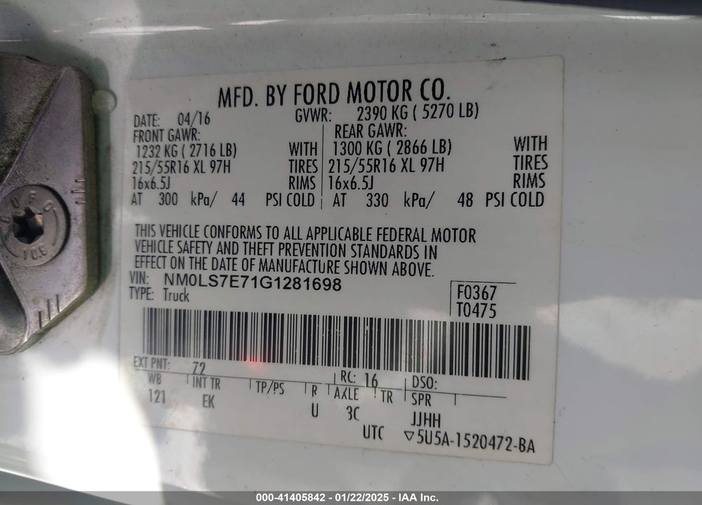 2016 FORD TRANSIT CONNECT XL VIN: NM0LS7E71G1281698