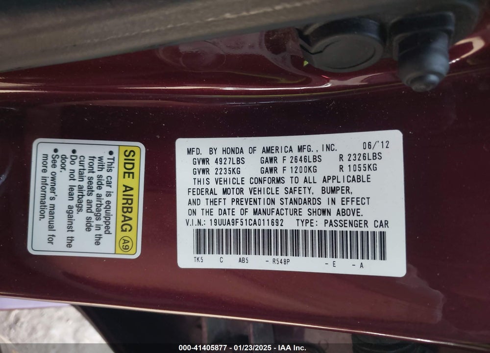 2012 ACURA TL 3.7 VIN: 19UUA9F51CA011692