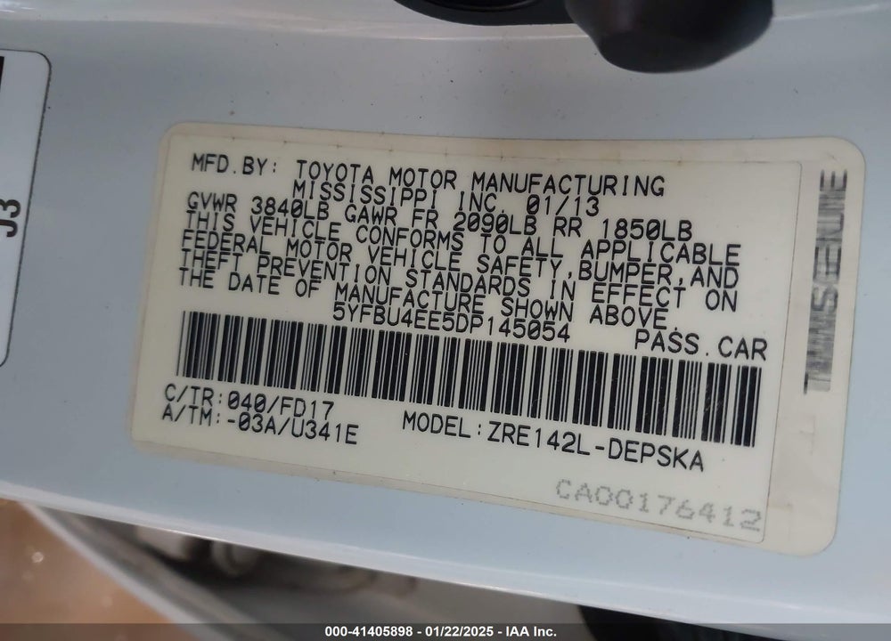 2013 TOYOTA COROLLA VIN: 5YFBU4EE5DP145054