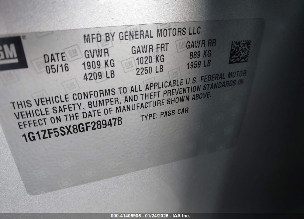 2016 CHEVROLET MALIBU VIN: 1G1ZF5SX8GF289478