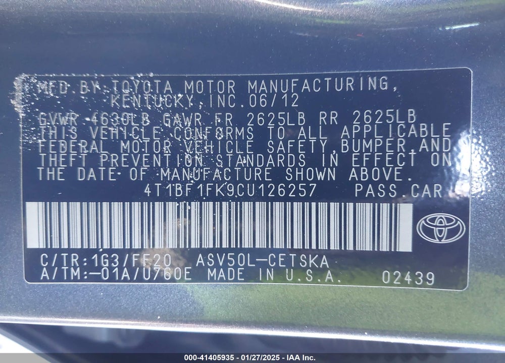 2012 TOYOTA CAMRY SE VIN: 4T1BF1FK9CU126257
