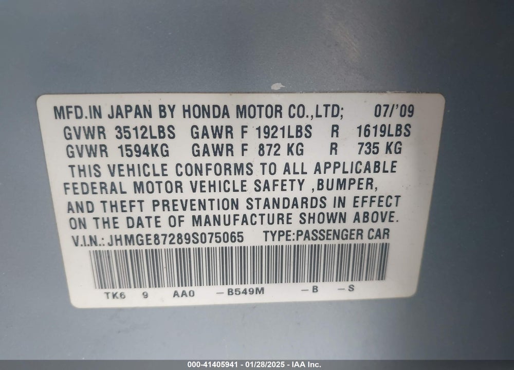 2009 HONDA FIT VIN: JHMGE87289S075065