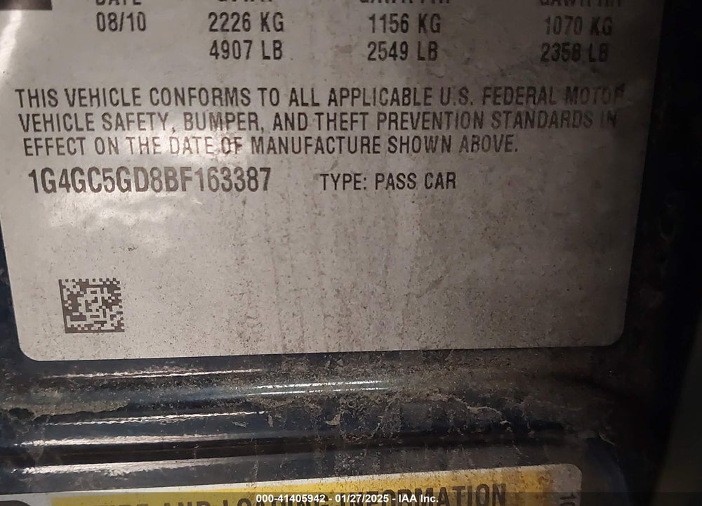 2011 BUICK LACROSSE VIN: 1G4GC5GD8BF163387