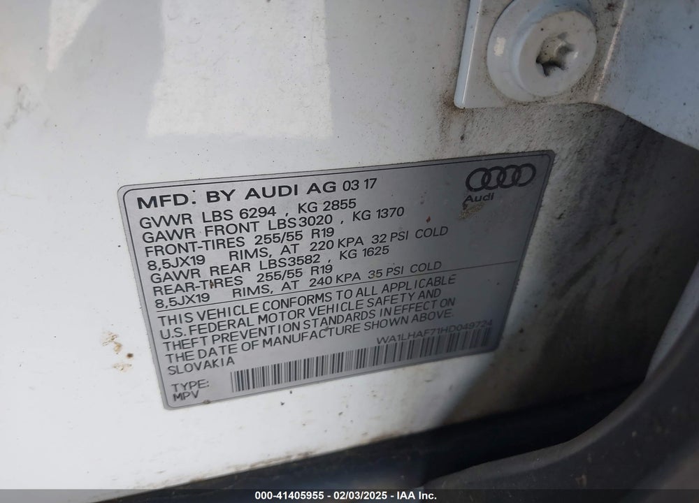 2017 AUDI Q7 2.0T PREMIUM VIN: WA1LHAF71HD049724
