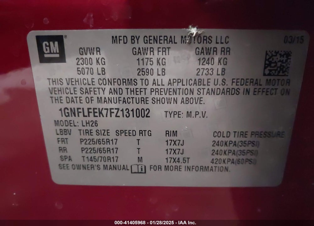 2015 CHEVROLET EQUINOX 1LT VIN: 1GNFLFEK7FZ131002