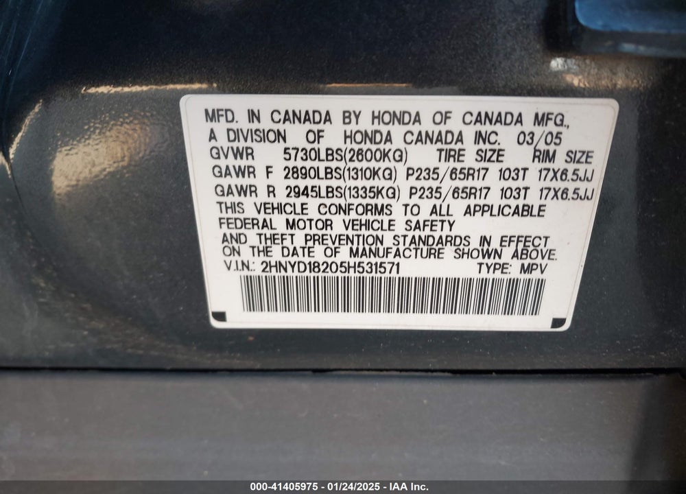 2005 ACURA MDX VIN: 2HNYD18205H531571