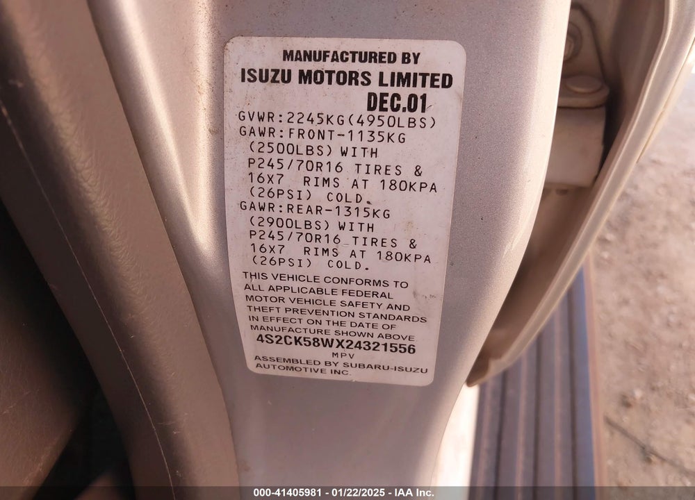 2002 ISUZU RODEO LS 3.2L V6/LSE 3.2L V6/S 3.2L V6 VIN: 4S2CK58WX24321556