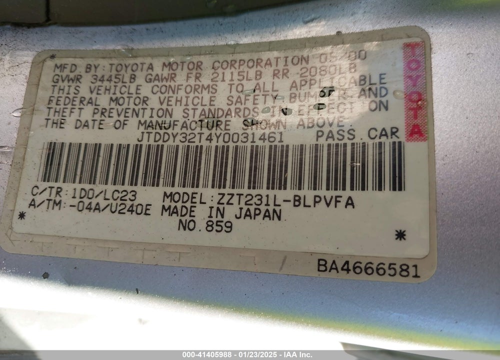 2000 TOYOTA CELICA VIN: JTDDY32T4Y0031461