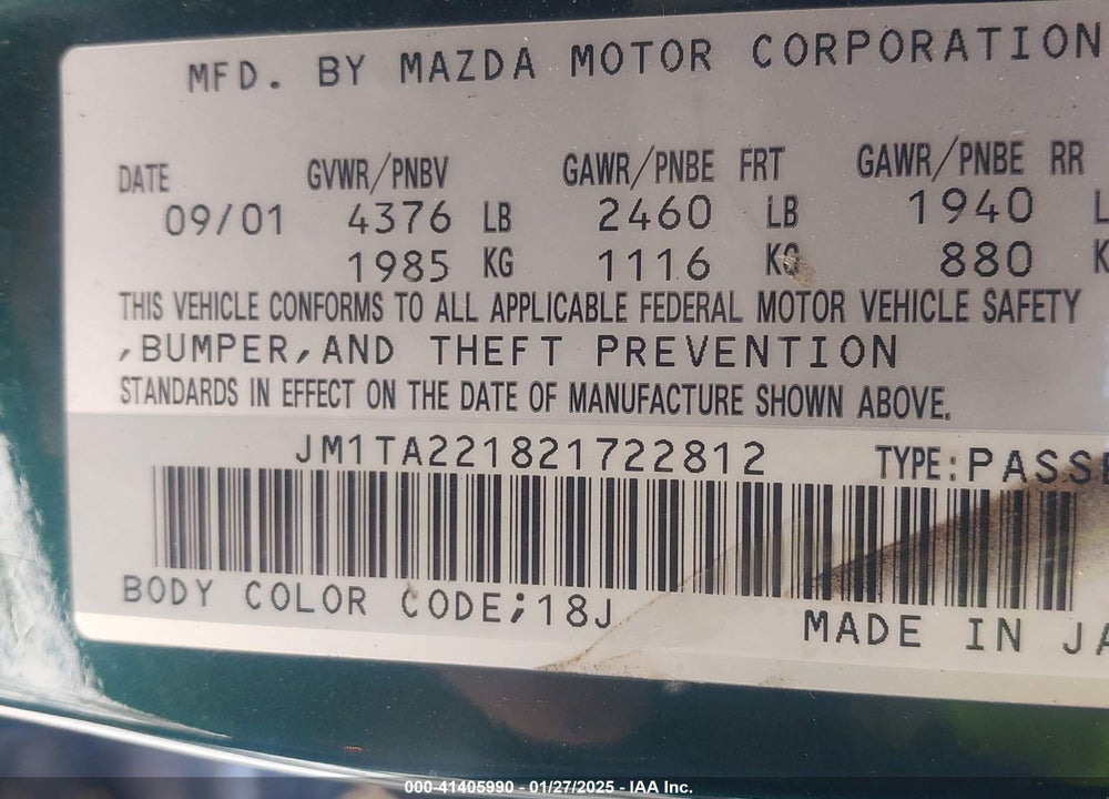 2002 MAZDA MILLENIA P/PS VIN: JM1TA221821722812