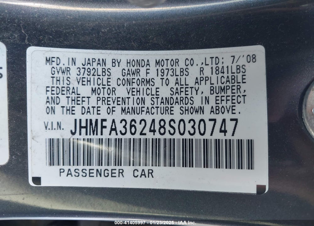 2008 HONDA CIVIC HYBRID VIN: JHMFA36248S030747