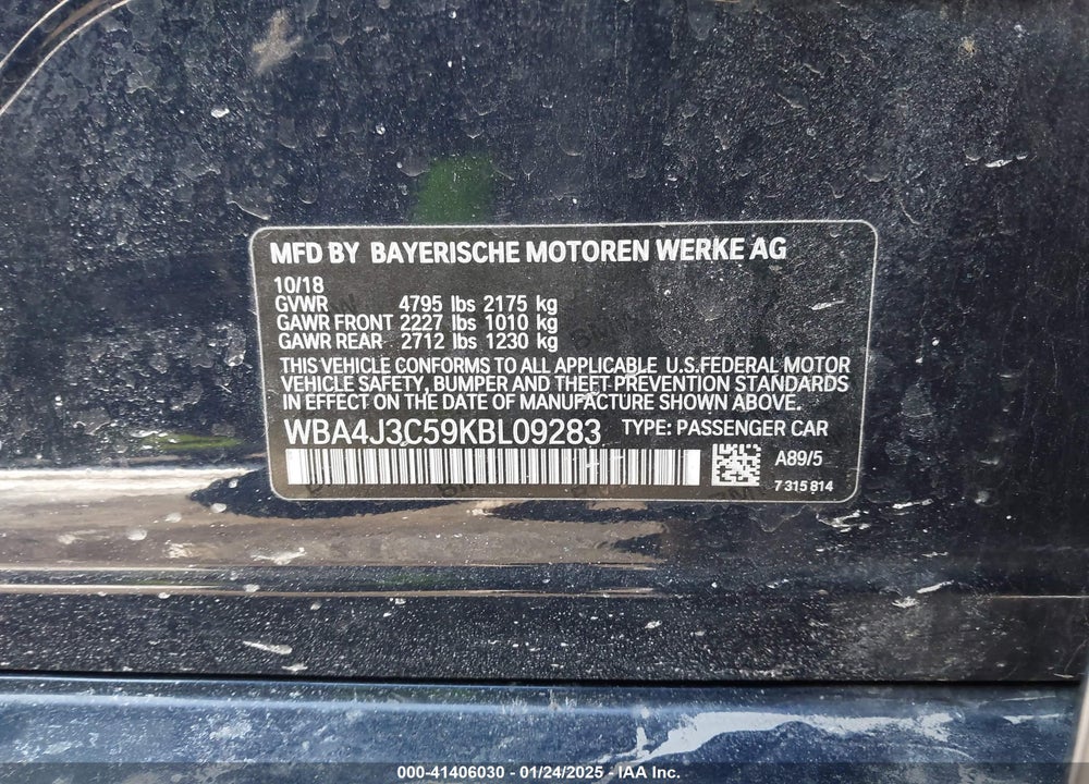 2019 BMW 430I GRAN COUPE VIN: WBA4J3C59KBL09283