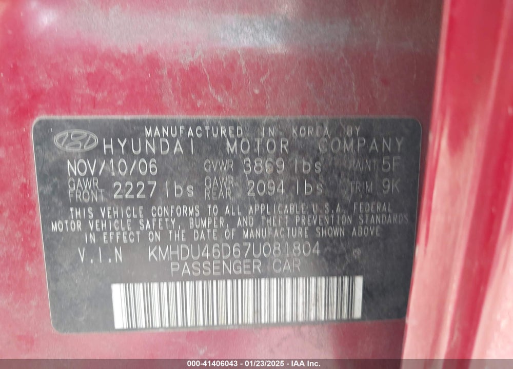 2007 HYUNDAI ELANTRA GLS/LIMITED/SE VIN: KMHDU46D67U081804