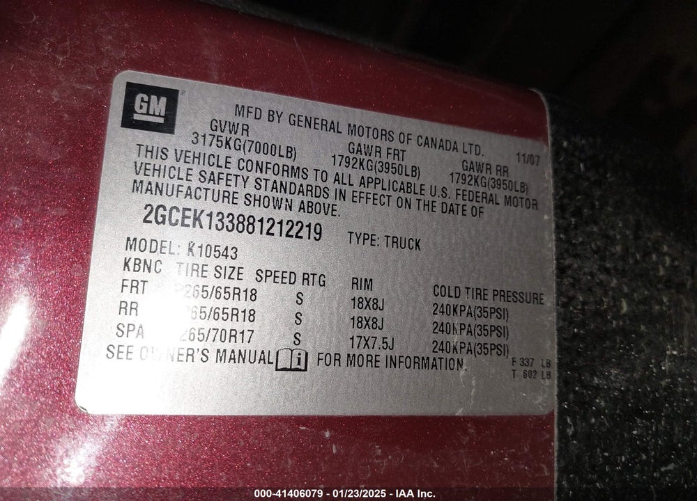 2008 CHEVROLET SILVERADO 1500 LT1 VIN: 2GCEK133881212219