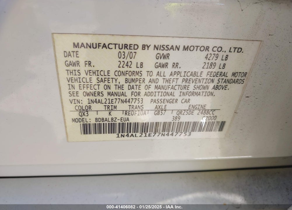 2007 NISSAN ALTIMA VIN: 1N4AL21E77N447753