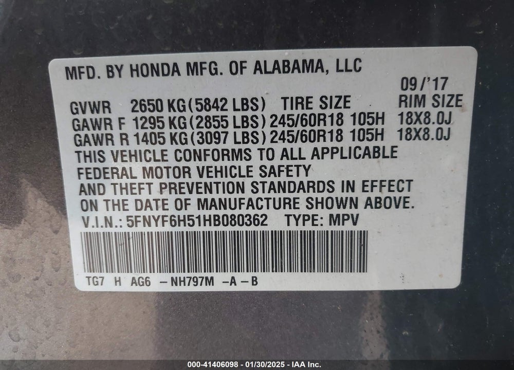2017 HONDA PILOT EX-L VIN: 5FNYF6H51HB080362