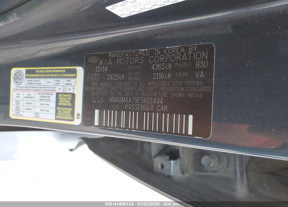 2015 KIA OPTIMA VIN: KNAGM4A7XF5601494