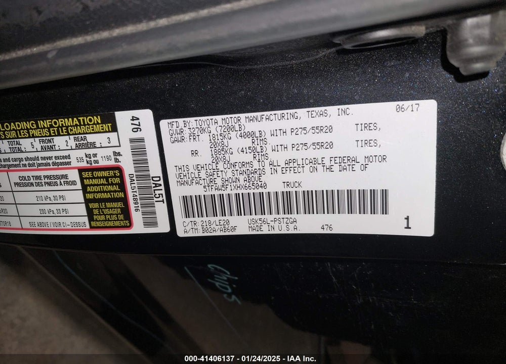 2017 TOYOTA TUNDRA VIN: 5TFAW5F1XHX665040