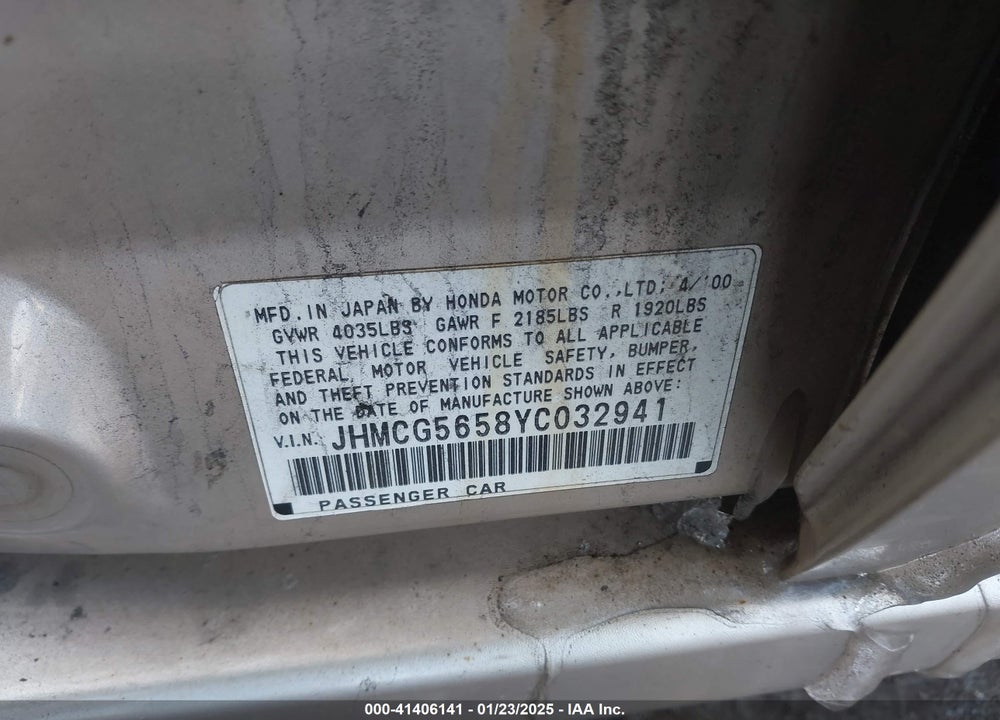 2000 HONDA ACCORD 2.3 EX VIN: JHMCG5658YC032941