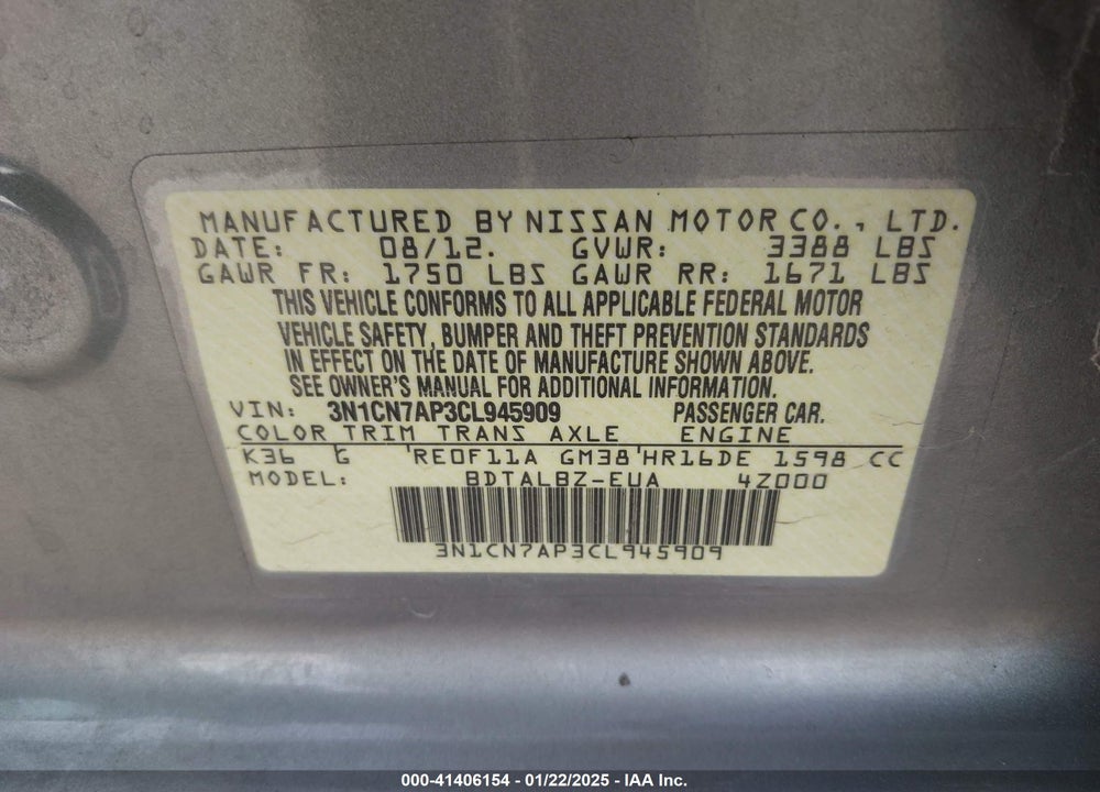 2012 NISSAN VERSA VIN: 3N1CN7AP3CL945909