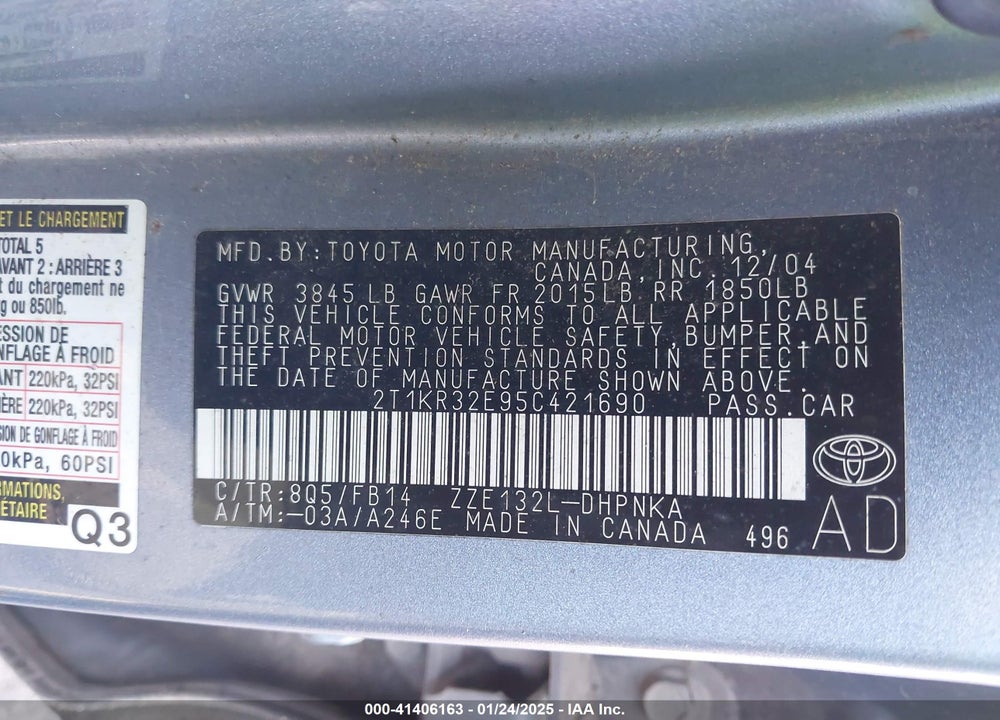 2005 TOYOTA MATRIX/XR VIN: 2T1KR32E95C421690