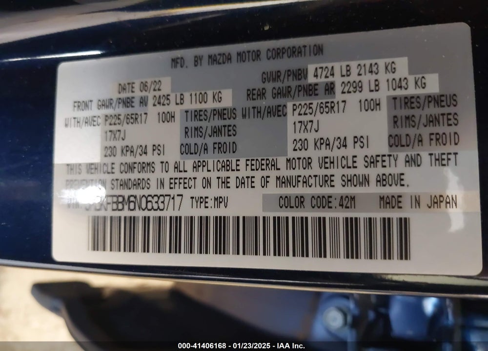 2022 MAZDA CX-5 2.5 S SELECT VIN: JM3KFBBM6N0633717