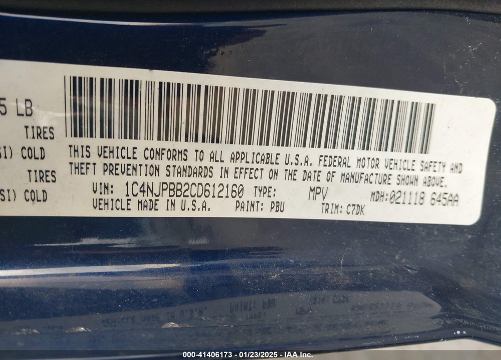 2012 JEEP PATRIOT SPORT VIN: 1C4NJPBB2CD612160