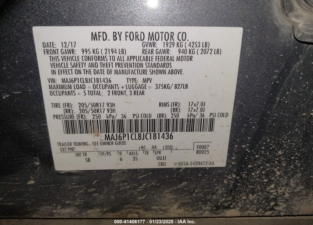 2018 FORD ECOSPORT SES VIN: MAJ6P1CL8JC181436
