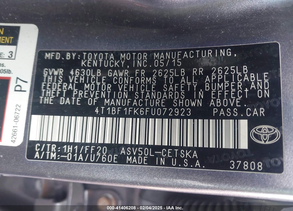 2015 TOYOTA CAMRY VIN: 4T1BF1FK6FU072923