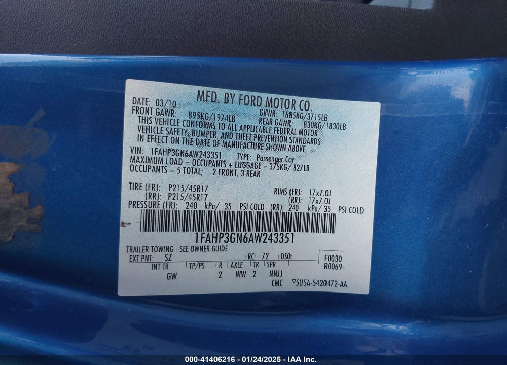 2010 FORD FOCUS SES VIN: 1FAHP3GN6AW243351