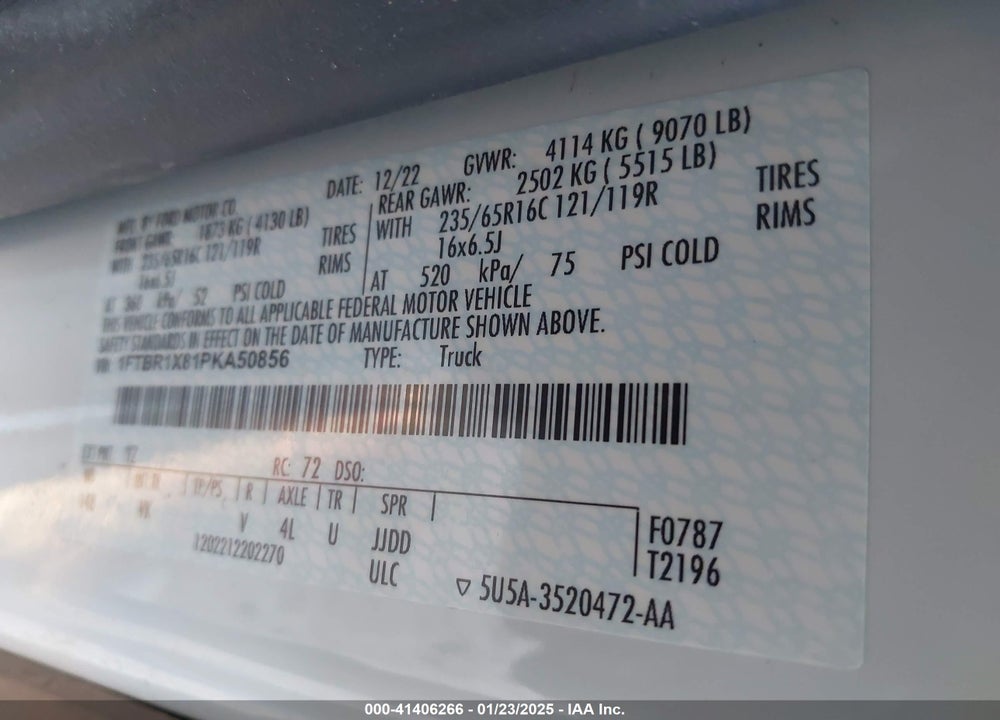 2023 FORD TRANSIT-250 VIN: 1FTBR1X81PKA50856
