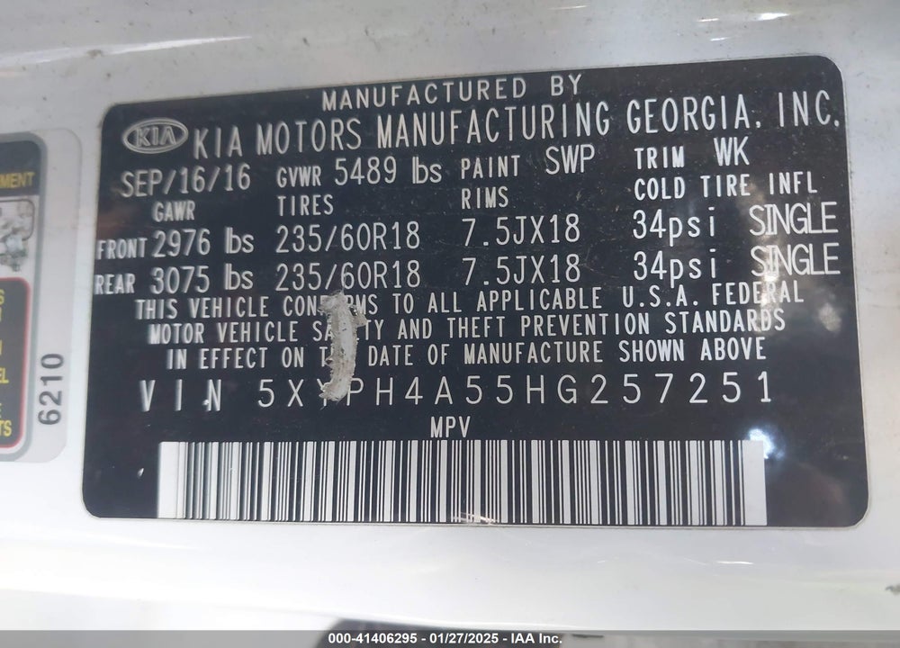 2017 KIA SORENTO VIN: 5XYPH4A55HG257251