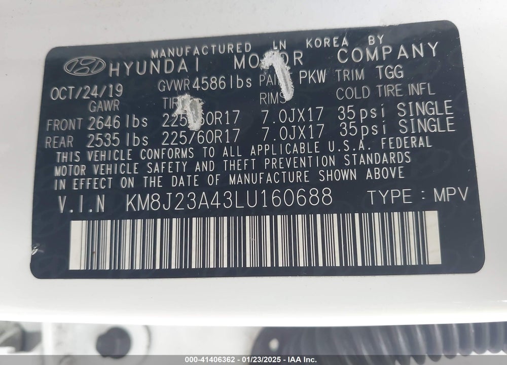 2020 HYUNDAI TUCSON SE VIN: KM8J23A43LU160688