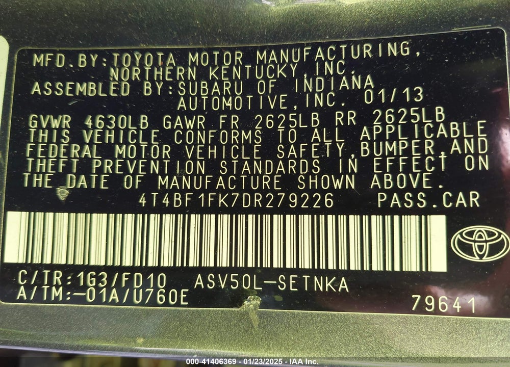 2013 TOYOTA CAMRY VIN: 4T4BF1FK7DR279226