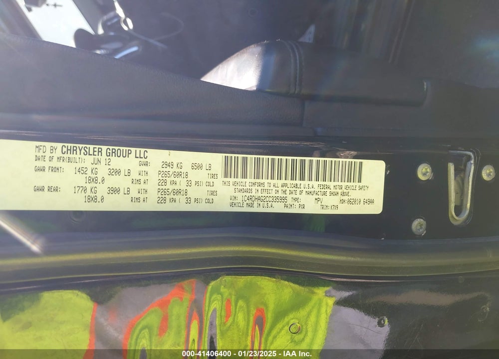 2012 DODGE DURANGO SXT VIN: 1C4RDHAG2CC335995