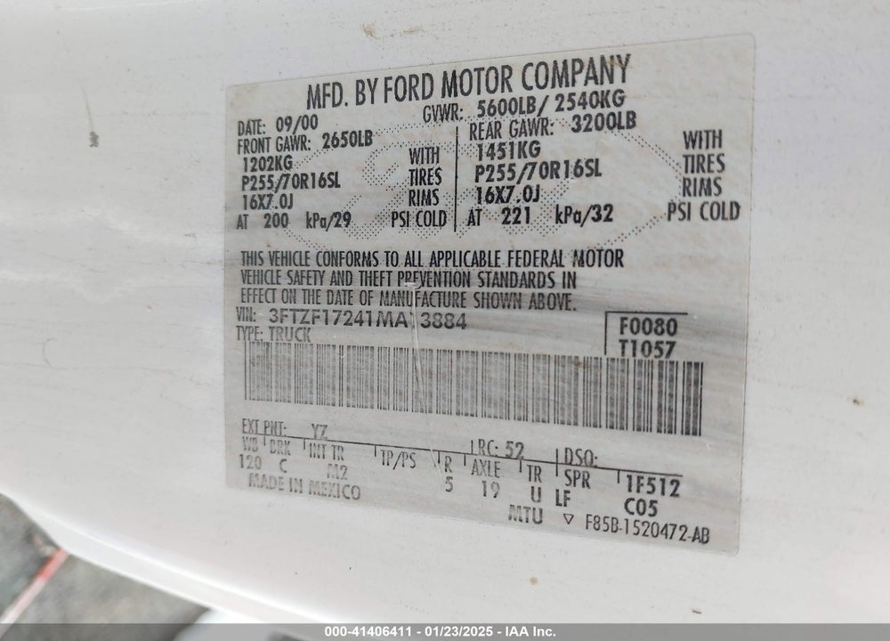2001 FORD F-150 XL/XLT VIN: 3FTZF17241MA13884