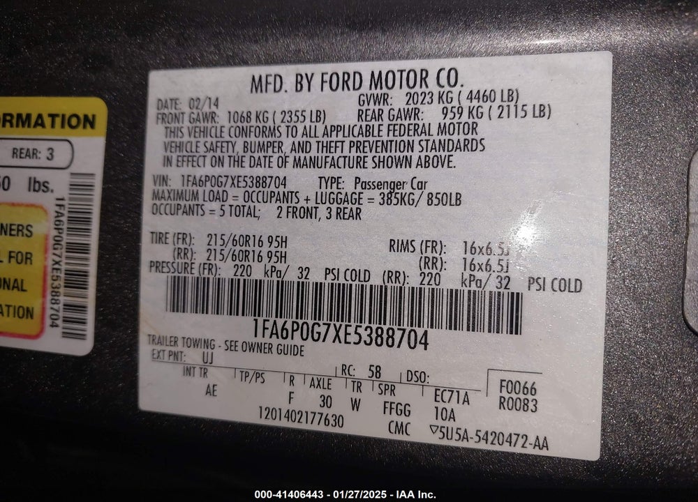 2014 FORD FUSION S VIN: 1FA6P0G7XE5388704