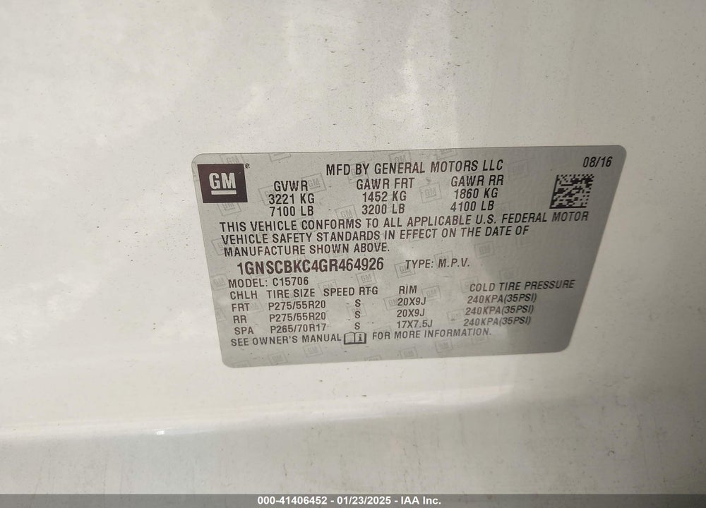 2016 CHEVROLET TAHOE LT VIN: 1GNSCBKC4GR464926
