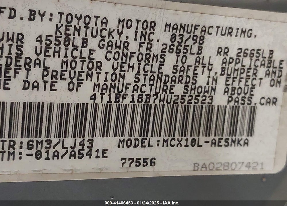 1998 TOYOTA AVALON XL VIN: 4T1BF18B7WU252523