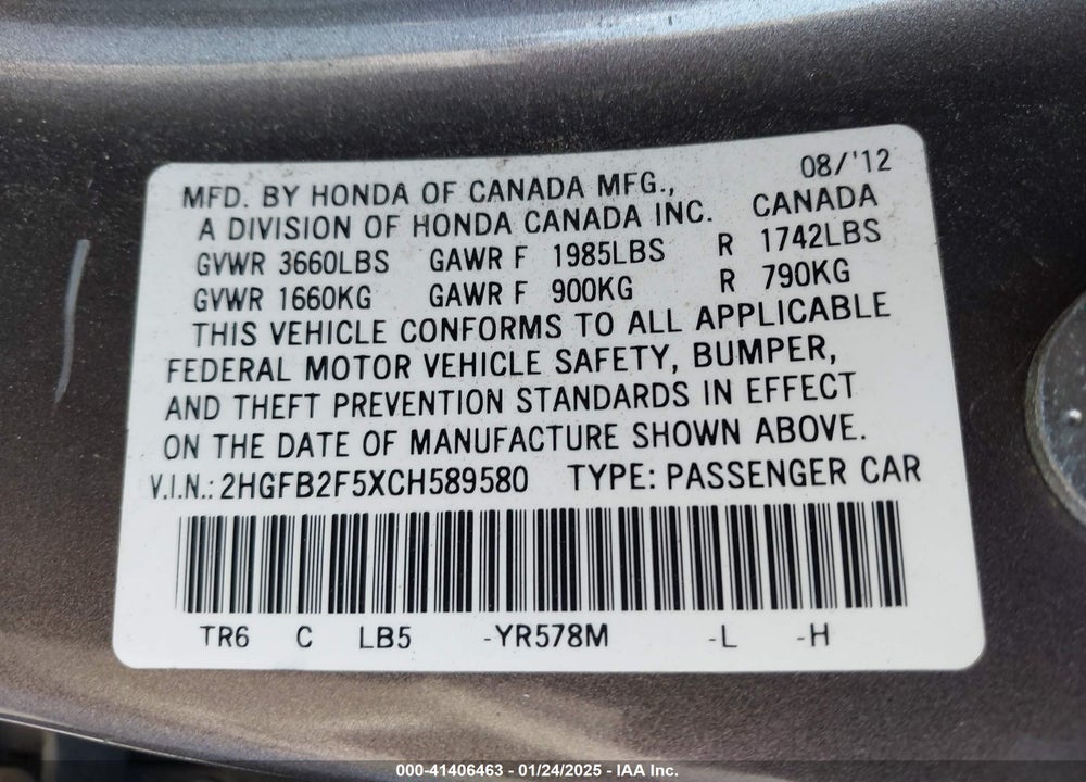 2012 HONDA CIVIC VIN: 2HGFB2F5XCH589580