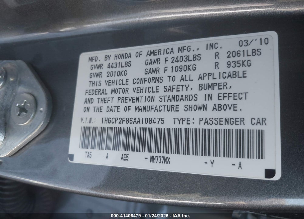 2010 HONDA ACCORD VIN: 1HGCP2F86AA108475